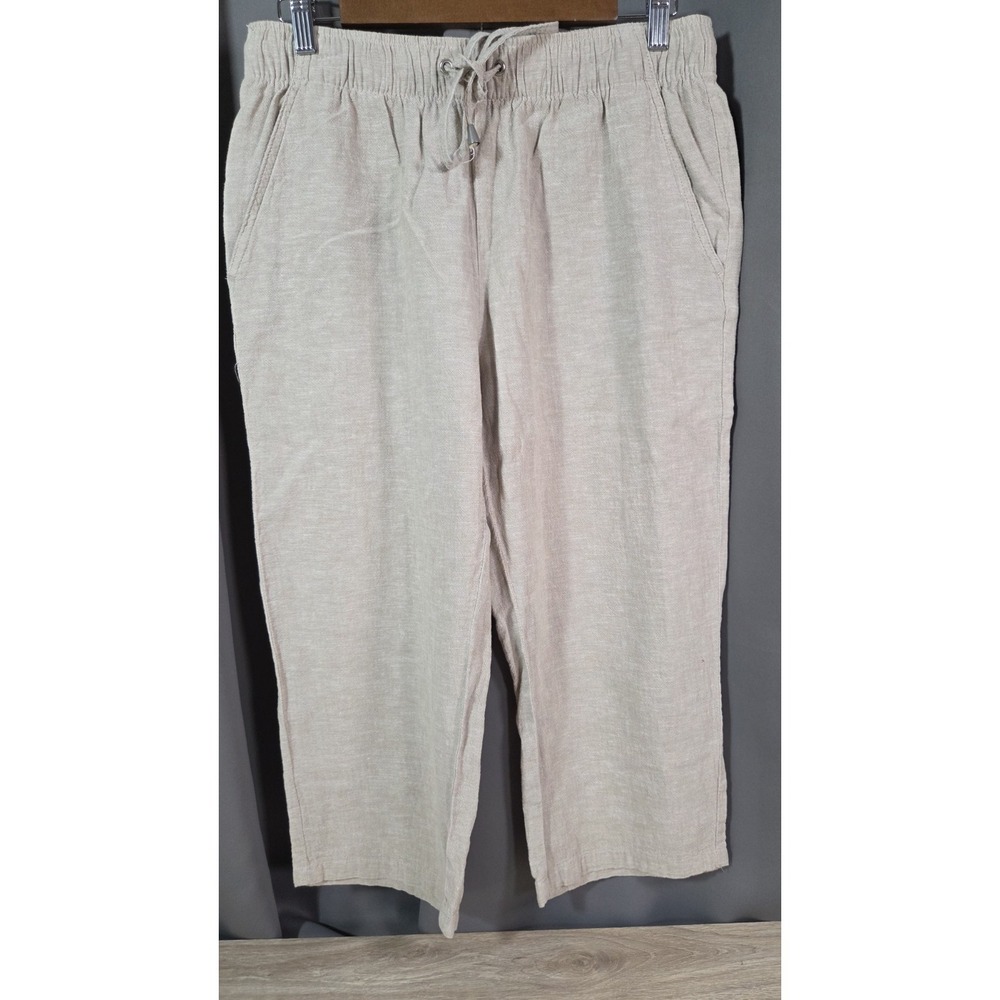 Basic Edition Women's Khaki Pull On Linen Blend Drawstring Capri Medium